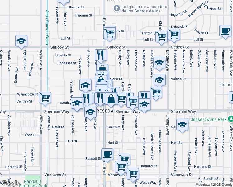 map of restaurants, bars, coffee shops, grocery stores, and more near 7304 Canby Avenue in Los Angeles