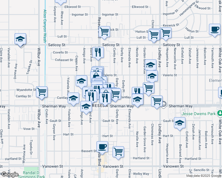 map of restaurants, bars, coffee shops, grocery stores, and more near 7304 Canby Avenue in Los Angeles