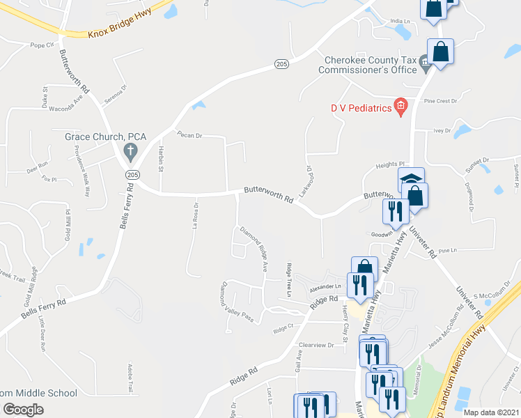 map of restaurants, bars, coffee shops, grocery stores, and more near 693 Butterworth Road in Canton