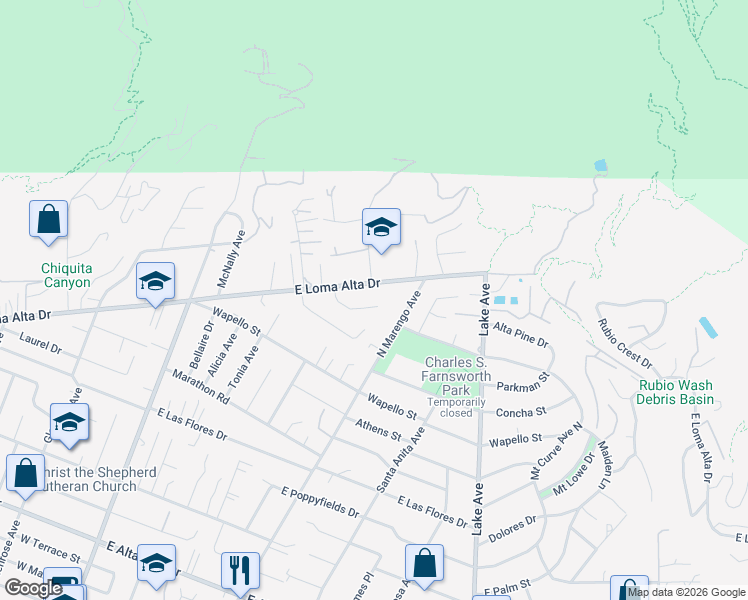map of restaurants, bars, coffee shops, grocery stores, and more near 411 Alta Pine Drive in Altadena