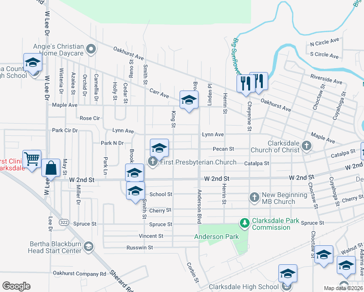 map of restaurants, bars, coffee shops, grocery stores, and more near 833 Pecan Street in Clarksdale