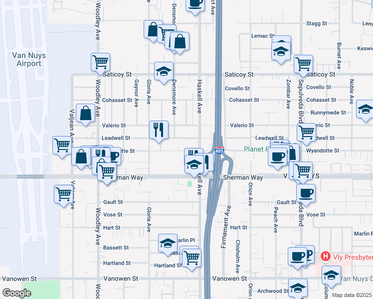 map of restaurants, bars, coffee shops, grocery stores, and more near 15735 Wyandotte Street in Los Angeles