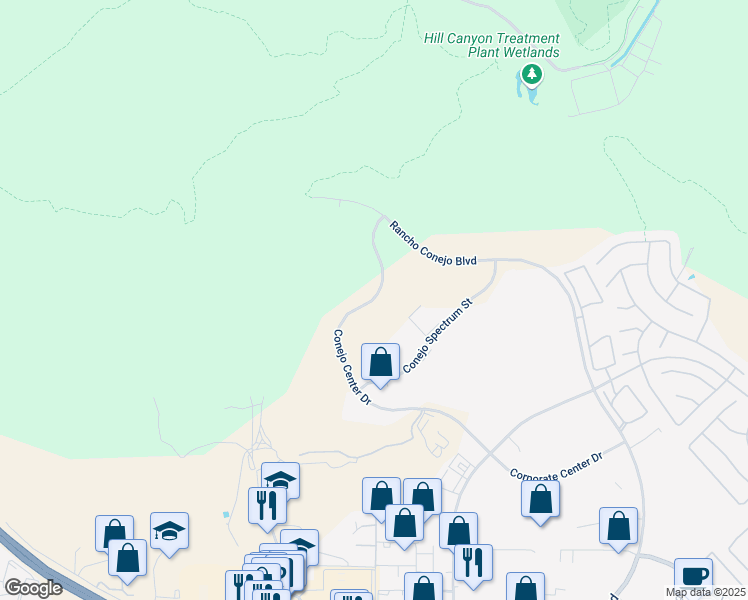 map of restaurants, bars, coffee shops, grocery stores, and more near Conejo Center Drive in Thousand Oaks