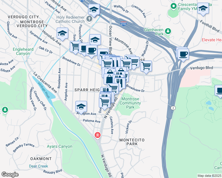 map of restaurants, bars, coffee shops, grocery stores, and more near 3507 Ocean View Boulevard in Glendale