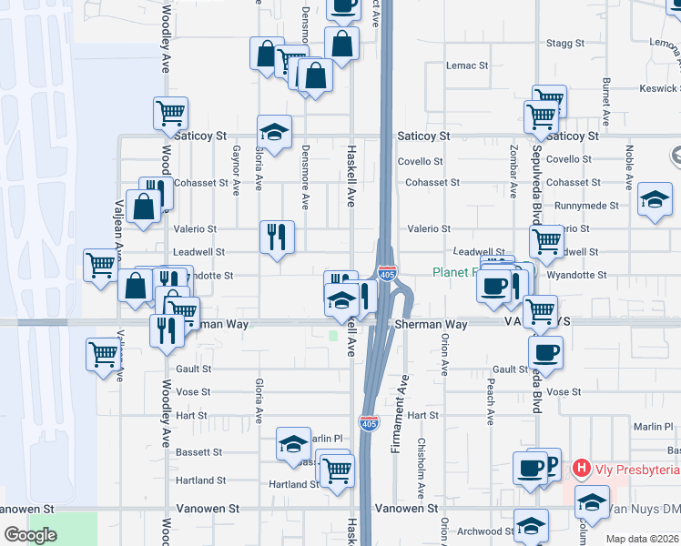 map of restaurants, bars, coffee shops, grocery stores, and more near 7307 Haskell Avenue in Los Angeles