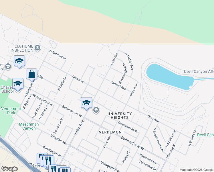 map of restaurants, bars, coffee shops, grocery stores, and more near 6722 Ventura Court in San Bernardino