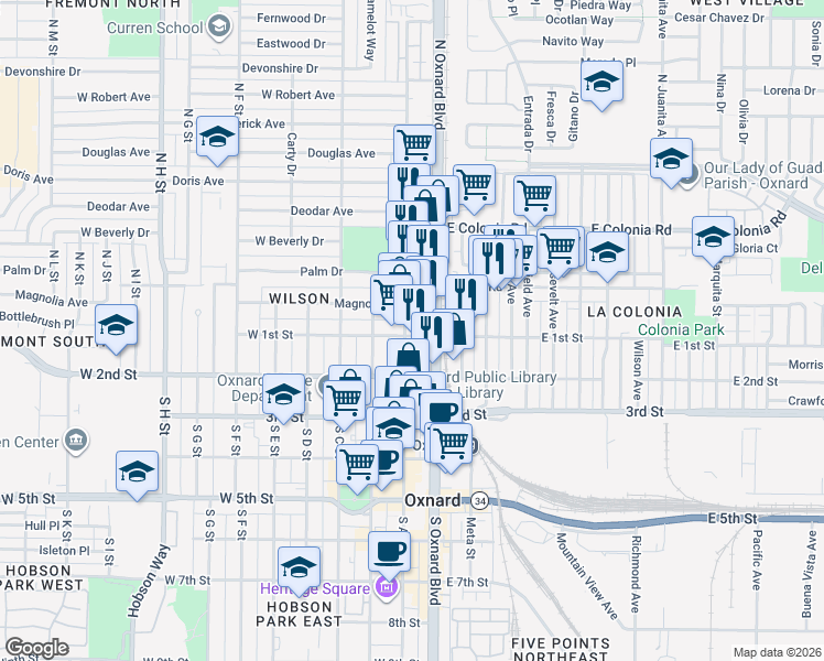 map of restaurants, bars, coffee shops, grocery stores, and more near 137 West 1st Street in Oxnard