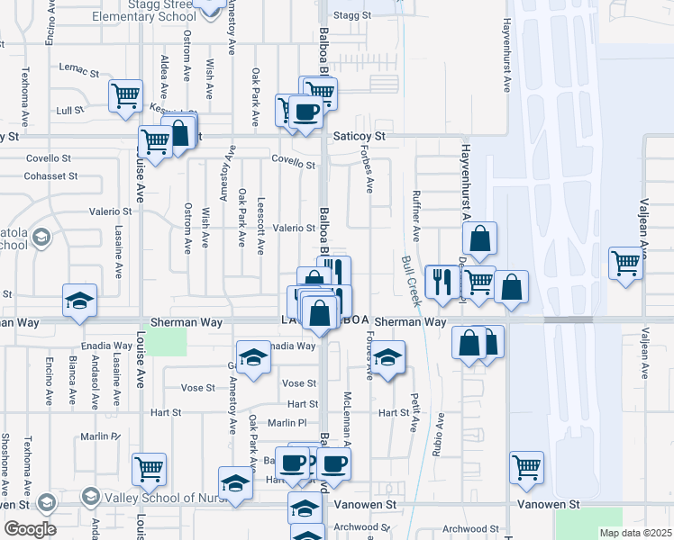 map of restaurants, bars, coffee shops, grocery stores, and more near 7304 Balboa Boulevard in Los Angeles
