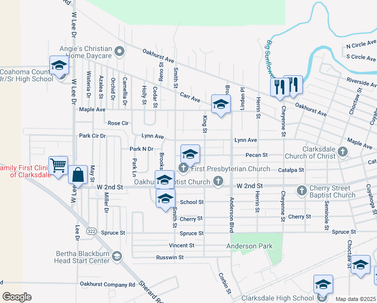 map of restaurants, bars, coffee shops, grocery stores, and more near 931 Pecan Street in Clarksdale