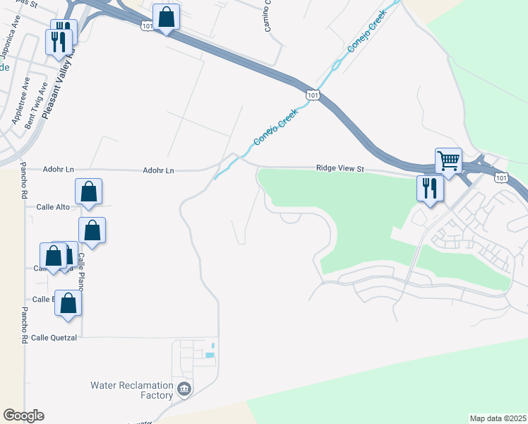 map of restaurants, bars, coffee shops, grocery stores, and more near 58 Margarita Avenue in Camarillo