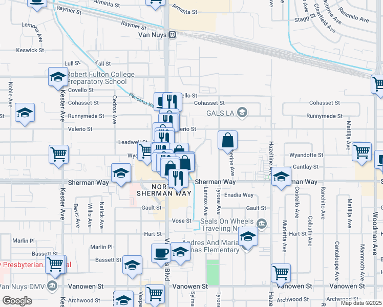 map of restaurants, bars, coffee shops, grocery stores, and more near 7321 Lennox Avenue in Los Angeles