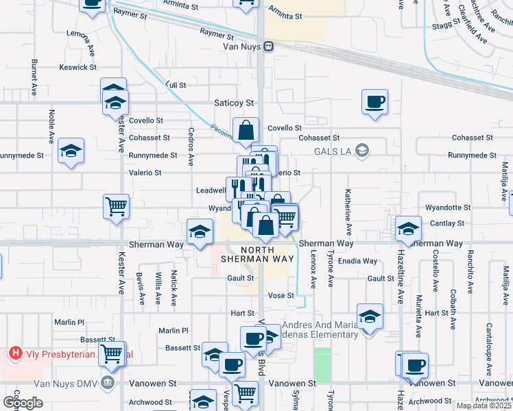 map of restaurants, bars, coffee shops, grocery stores, and more near 7301 Van Nuys Boulevard in Los Angeles