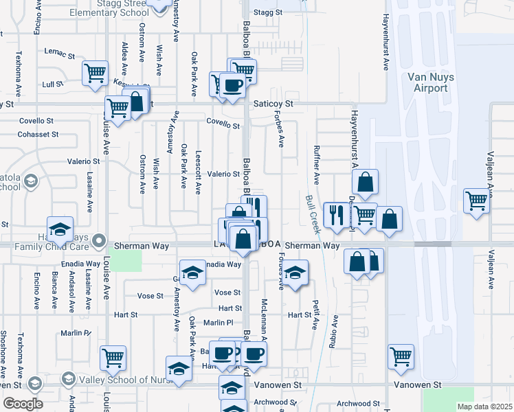 map of restaurants, bars, coffee shops, grocery stores, and more near 7310 Balboa Boulevard in Los Angeles