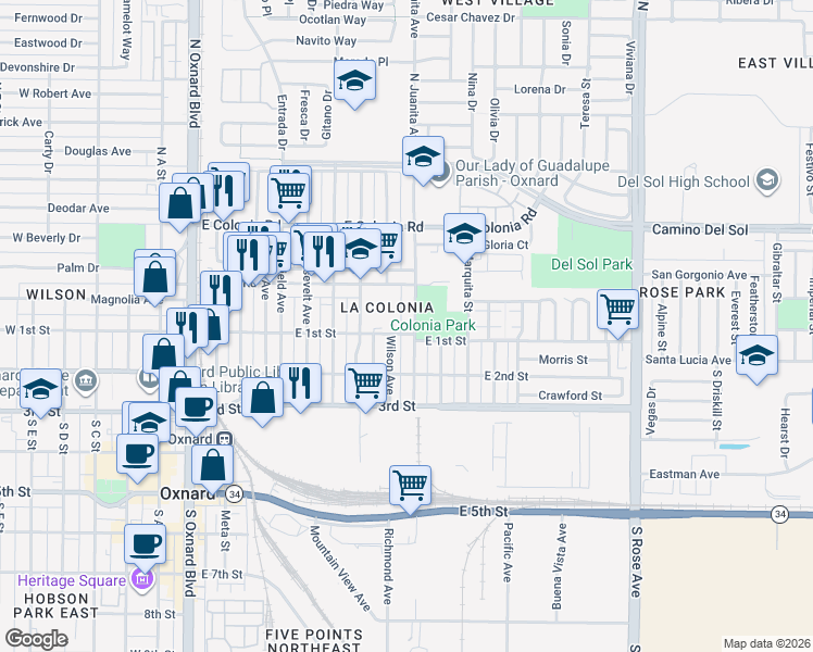 map of restaurants, bars, coffee shops, grocery stores, and more near 111 North Juanita Avenue in Oxnard