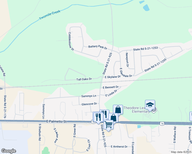 map of restaurants, bars, coffee shops, grocery stores, and more near 3171 Tall Oaks Drive in Florence