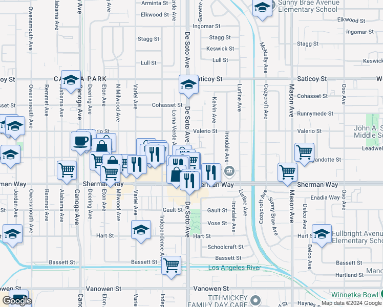 map of restaurants, bars, coffee shops, grocery stores, and more near 7308 De Soto Avenue in Los Angeles