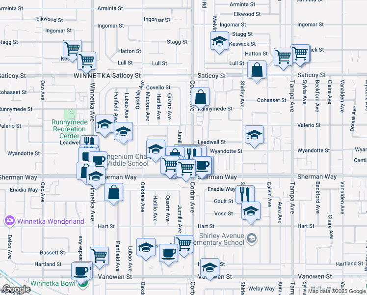 map of restaurants, bars, coffee shops, grocery stores, and more near 7306 Jumilla Avenue in Los Angeles