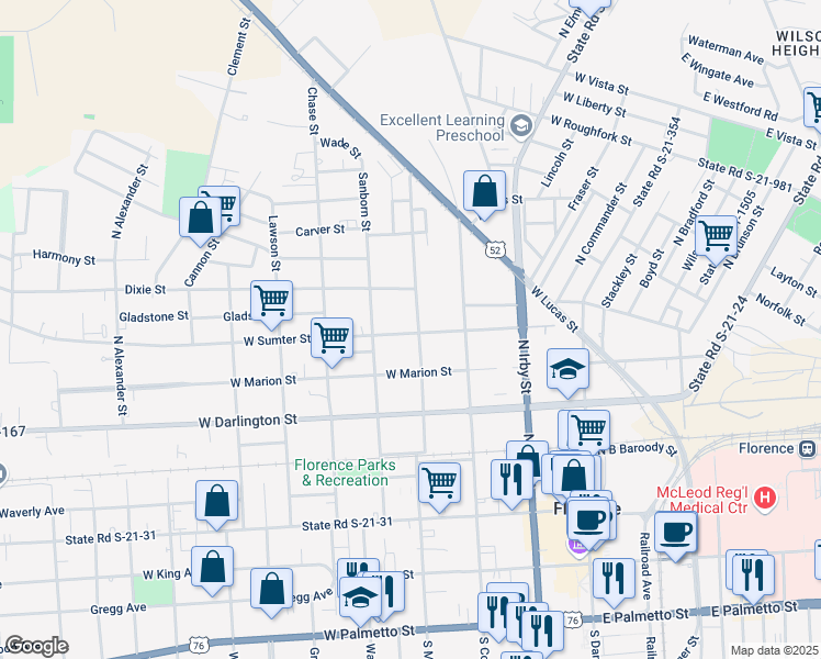 map of restaurants, bars, coffee shops, grocery stores, and more near 403 West Sumter Street in Florence