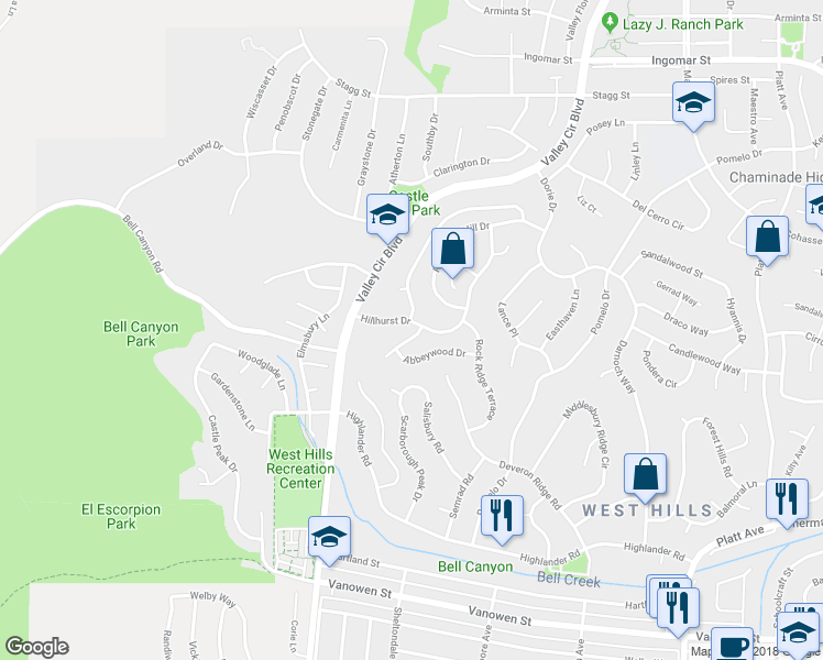 map of restaurants, bars, coffee shops, grocery stores, and more near 7257 Whitehall Lane in Los Angeles