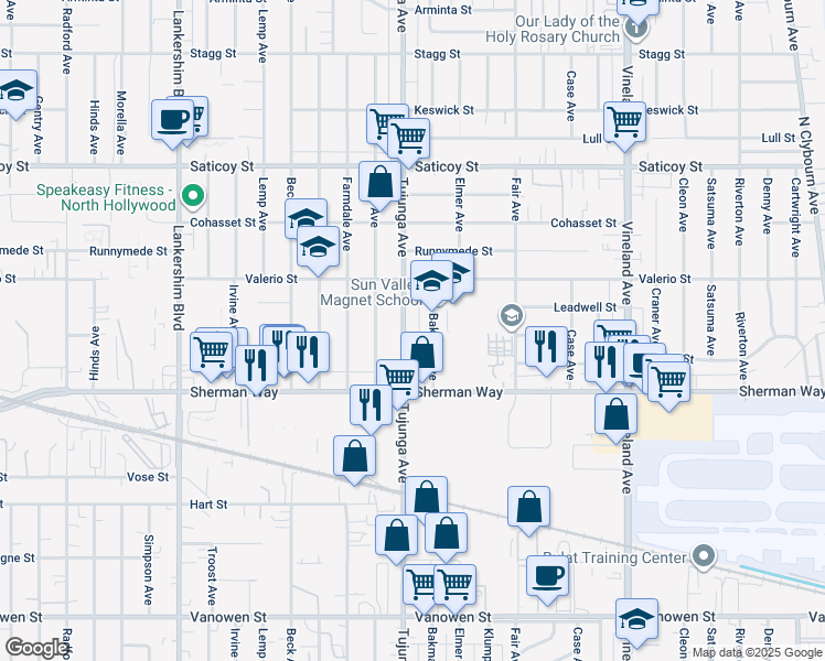map of restaurants, bars, coffee shops, grocery stores, and more near 7302 Tujunga Avenue in Los Angeles