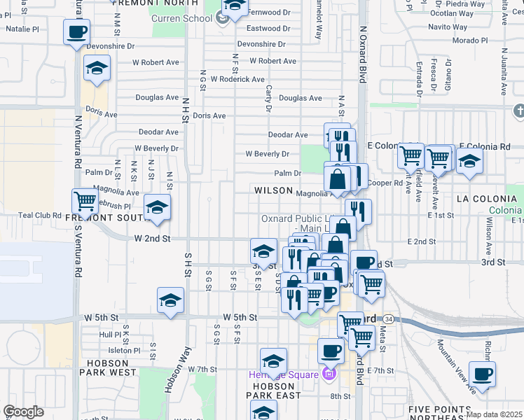 map of restaurants, bars, coffee shops, grocery stores, and more near 547 West 1st Street in Oxnard