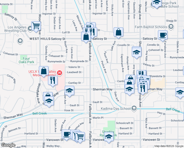 map of restaurants, bars, coffee shops, grocery stores, and more near 7306 Fallbrook Avenue in Los Angeles