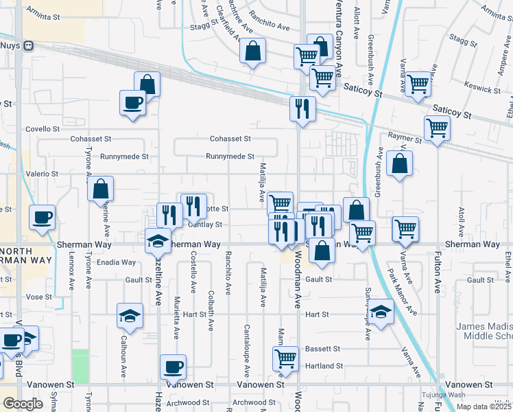 map of restaurants, bars, coffee shops, grocery stores, and more near 13807 Wyandotte Street in Los Angeles