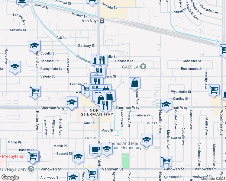 map of restaurants, bars, coffee shops, grocery stores, and more near 7321 Lennox Avenue in Los Angeles