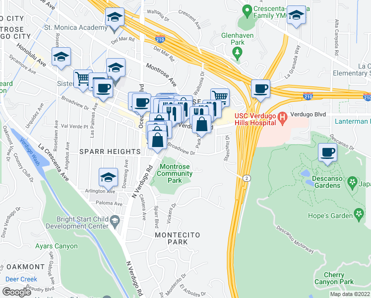 map of restaurants, bars, coffee shops, grocery stores, and more near 2101 Broadview Drive in Glendale