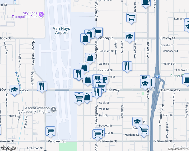 map of restaurants, bars, coffee shops, grocery stores, and more near 7303 Woodley Avenue in Los Angeles