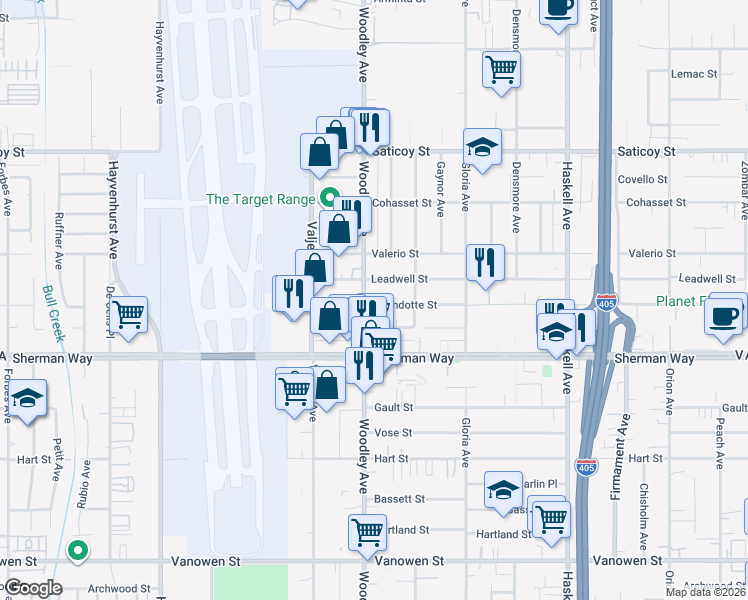 map of restaurants, bars, coffee shops, grocery stores, and more near 7304 Woodley Avenue in Los Angeles