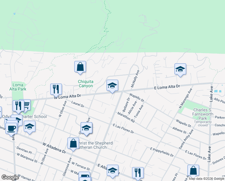 map of restaurants, bars, coffee shops, grocery stores, and more near 63 West Loma Alta Drive in Altadena