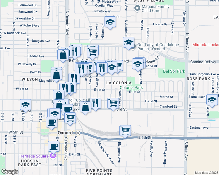 map of restaurants, bars, coffee shops, grocery stores, and more near in Oxnard