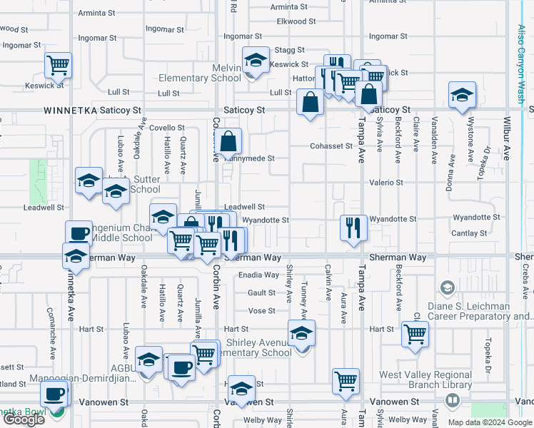 map of restaurants, bars, coffee shops, grocery stores, and more near 19538 Leadwell Street in Los Angeles