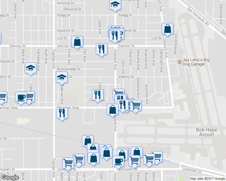 map of restaurants, bars, coffee shops, grocery stores, and more near 7307 Vineland Avenue in Los Angeles