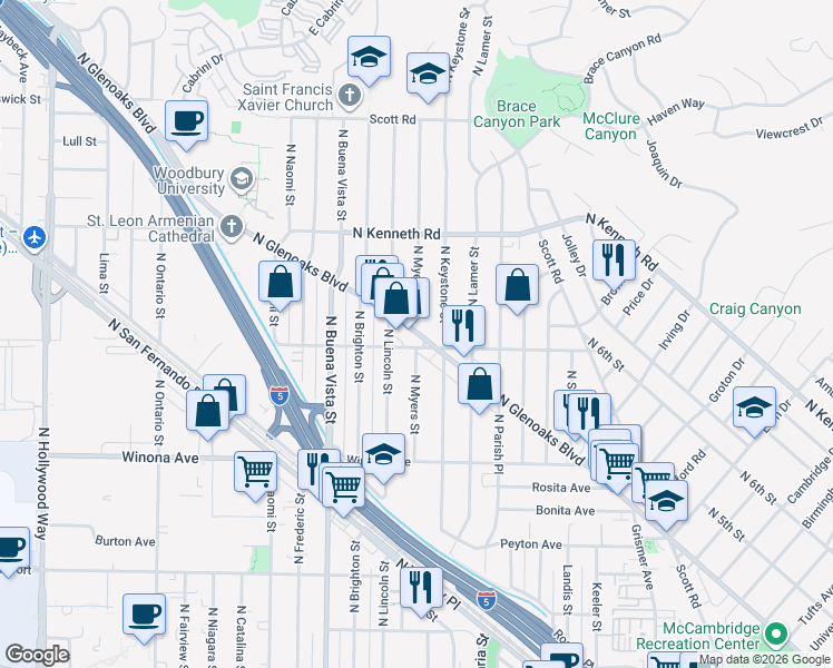 map of restaurants, bars, coffee shops, grocery stores, and more near in Burbank