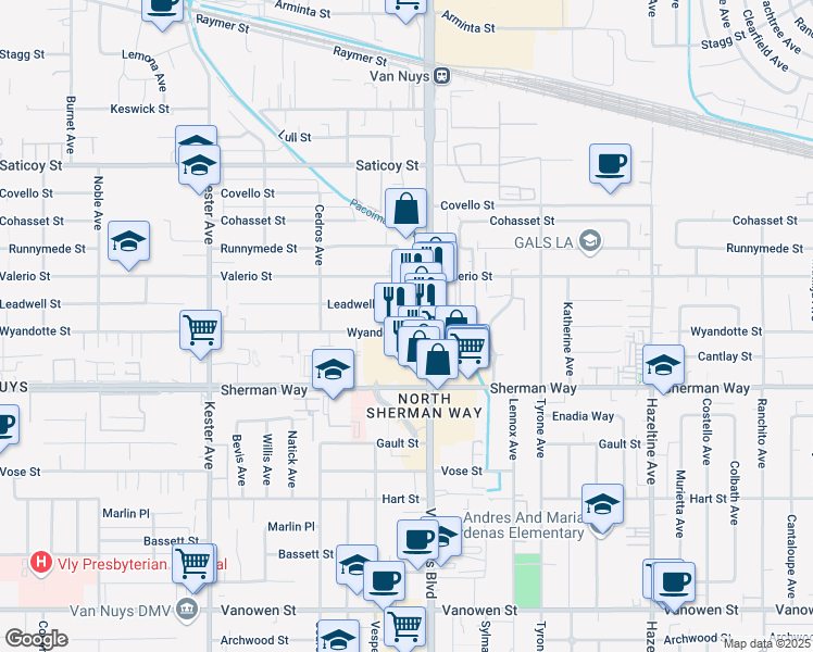 map of restaurants, bars, coffee shops, grocery stores, and more near 7301 Van Nuys Boulevard in Los Angeles