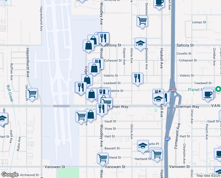 map of restaurants, bars, coffee shops, grocery stores, and more near 16010 Wyandotte Street in Los Angeles