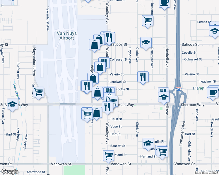 map of restaurants, bars, coffee shops, grocery stores, and more near 7304 Woodley Avenue in Los Angeles
