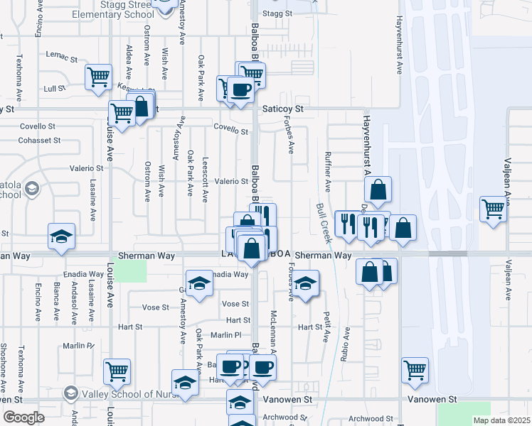 map of restaurants, bars, coffee shops, grocery stores, and more near 16831 Wyandotte Street in Los Angeles