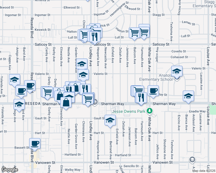 map of restaurants, bars, coffee shops, grocery stores, and more near 7257 Newcastle Avenue in Los Angeles