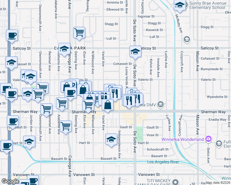 map of restaurants, bars, coffee shops, grocery stores, and more near 7255 Independence Avenue in Los Angeles
