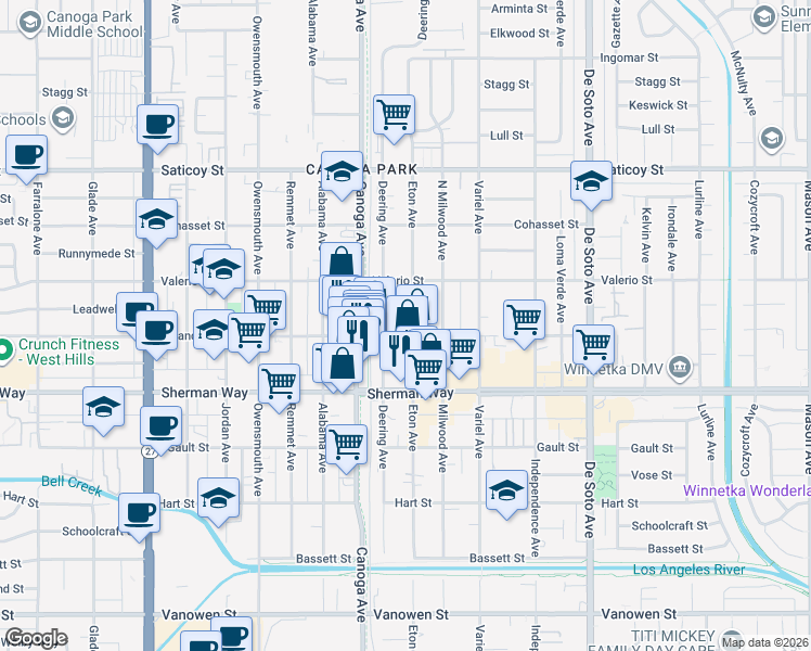 map of restaurants, bars, coffee shops, grocery stores, and more near 7311 Eton Avenue in Los Angeles
