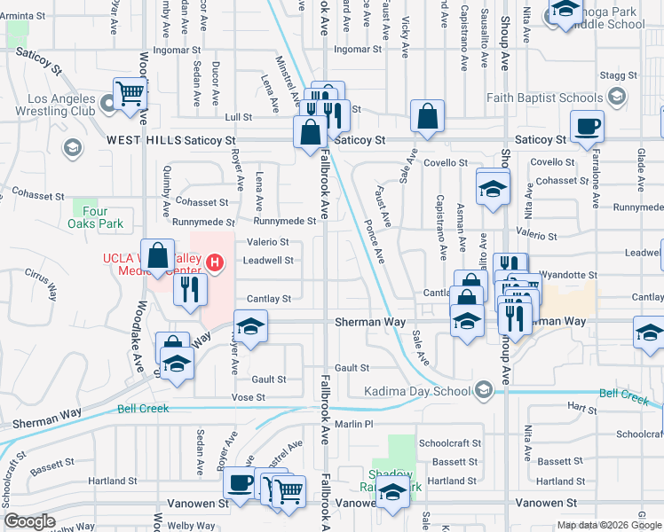 map of restaurants, bars, coffee shops, grocery stores, and more near 7306 Fallbrook Avenue in Los Angeles