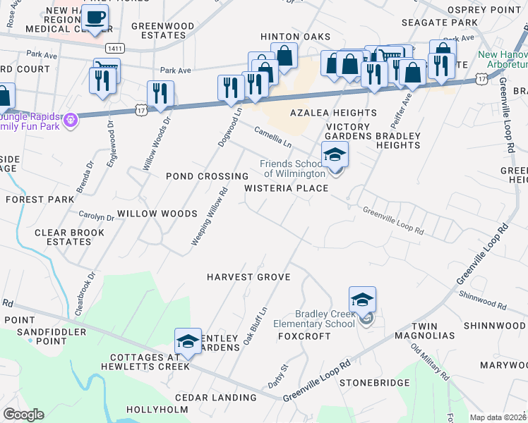 map of restaurants, bars, coffee shops, grocery stores, and more near 5728 Ruxton Way in Wilmington