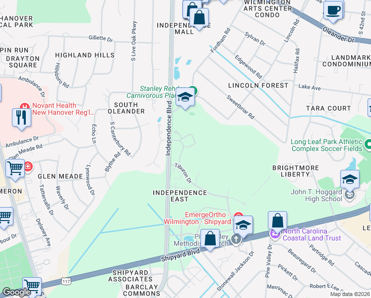 map of restaurants, bars, coffee shops, grocery stores, and more near 2956 Midtown Way in Wilmington
