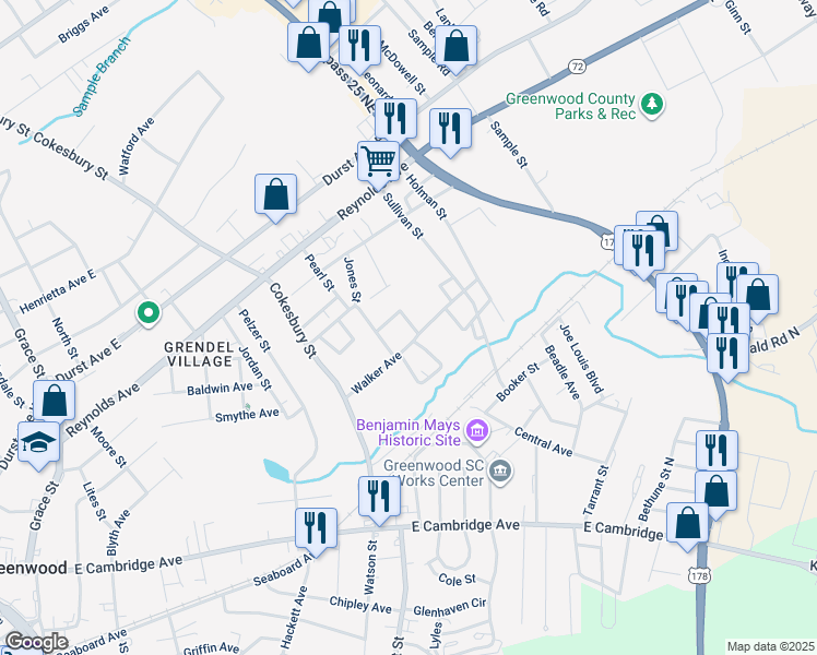 map of restaurants, bars, coffee shops, grocery stores, and more near 214 Walker Avenue in Greenwood