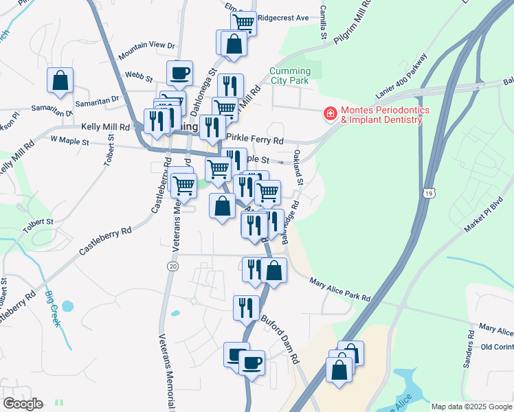 map of restaurants, bars, coffee shops, grocery stores, and more near 248 Atlanta Road in Cumming