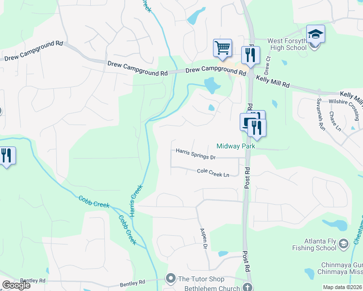 map of restaurants, bars, coffee shops, grocery stores, and more near 5610 Copper Creek Pass in Cumming