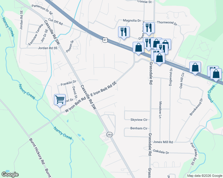 map of restaurants, bars, coffee shops, grocery stores, and more near 34 Jill Lane in Cartersville